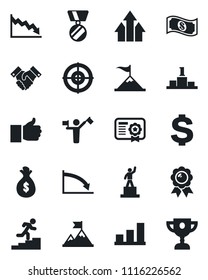 Set of vector isolated black icon - dispatcher vector, dollar sign, pedestal, medal, finger up, bar graph, target, handshake, career ladder, arrow, motivation, money bag, crisis, cash, certificate