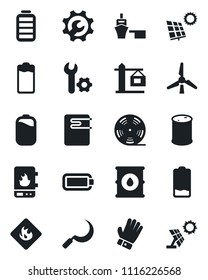 Set of vector isolated black icon - glove vector, sickle, sea port, flammable, oil barrel, reel, battery, low, root setup, sun panel, windmill, crane, water heater