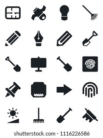 Set of vector isolated black icon - right arrow vector, drawing pin, bulb, job, pencil, shovel, rake, satellite, hdmi, brightness, fingerprint id, presentation board, ink pen, plan, rolling