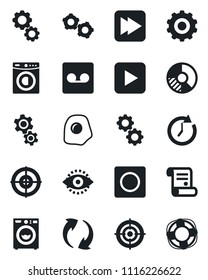 Set of vector isolated black icon - gear vector, circle chart, contract, play button, fast forward, update, record, eye id, target, washer, omelette, clock, crisis management