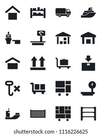 Set of vector isolated black icon - baggage trolley vector, sea shipping, cargo container, car delivery, port, consolidated, warehouse storage, up side sign, no hook, package, heavy scales, rack