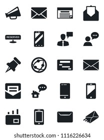 Set of vector isolated black icon - mobile phone vector, speaking man, mail, loudspeaker, network, cell, speaker, paper pin, reserved, home message, schedule