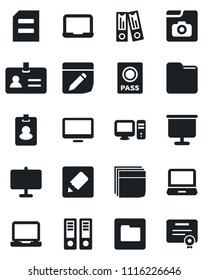 Set of vector isolated black icon - passport vector, identity, office binder, notebook pc, document, monitor, laptop, folder, notes, photo gallery, presentation board, blank box, pass card