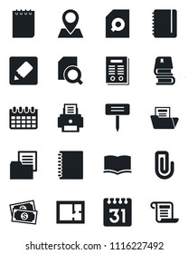 Set of vector isolated black icon - book vector, notepad, calendar, plant label, pin, cash, folder document, notes, copybook, paper clip, search, printer, contract, plan