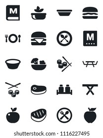 Set of vector isolated black icon - spoon and fork vector, picnic table, cafe, menu, salad, salt pepper, steak, hamburger, bowl, sushi, apple fruit