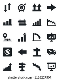 Set of vector isolated black icon - signpost vector, right arrow, left, growth statistic, crisis graph, navigation, up side sign, data exchange, compass, bar, moving, target, presentation