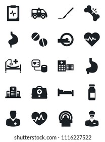 Set of vector isolated black icon - bed vector, heart pulse, doctor case, blood pressure, pills, ampoule, scalpel, tomography, ambulance car, hospital, stomach, broken bone, clipboard