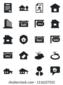Set of vector isolated black icon - office building vector, house, pond, contract, with garage, tree, estate document, sale, rent, sold signboard, agent, smart home, insurance, message