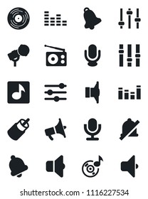 Set of vector isolated black icon - vinyl vector, microphone, radio, speaker, loudspeaker, settings, equalizer, rca, tuning, bell, mute, music, sound