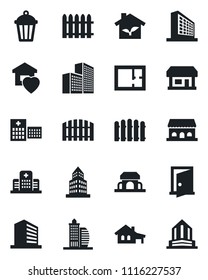 Set of vector isolated black icon - office building vector, fence, garden light, hospital, store, house with garage, plan, sweet home, cafe, eco, door