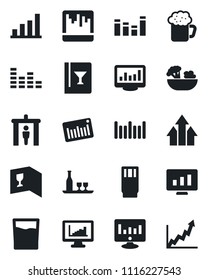 Set of vector isolated black icon - security gate vector, statistic monitor, barcode, equalizer, scanner, statistics, bar graph, alcohol, wine card, drink, beer, salad, arrow up, growth