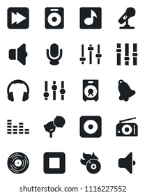 Set of vector isolated black icon - vinyl vector, flame disk, microphone, radio, settings, equalizer, headphones, speaker, stop button, fast forward, rec, tuning, bell, music, sound