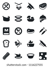 Set of vector isolated black icon - spoon and fork vector, cafe, menu, salad, plates, bacon, waiter, bread, chicken, steak, kebab, bowl, rolling pin, sushi, cheese