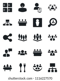 Set of vector isolated black icon - spoon and fork vector, male, checkroom, speaking man, team, meeting, patient, company, hr, client search, group, social media, hierarchy