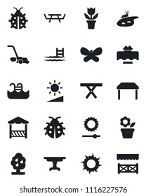 Set of vector isolated black icon - flower in pot vector, lawn mower, butterfly, lady bug, sun, picnic table, brightness, pond, pool, fruit tree, restaurant, alcove
