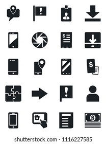 Set of vector isolated black icon - right arrow vector, mobile phone, identity card, document, important flag, tracking, cell, camera, user, download, application, restaurant receipt, cash