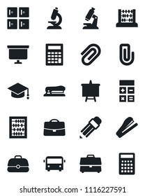 Set of vector isolated black icon - airport bus vector, checkroom, calculator, graduate, abacus, presentation board, microscope, case, paper clip, pencil, stapler