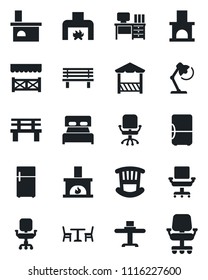 Set of vector isolated black icon - cafe vector, office chair, desk, bench, fireplace, lamp, bedroom, children room, restaurant table, alcove, fridge