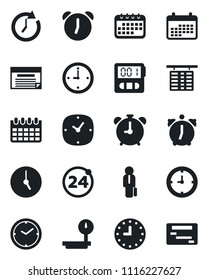 Set of vector isolated black icon - 24 around vector, alarm clock, flight table, calendar, heavy scales, stopwatch, manager, schedule