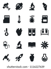 Set of vector isolated black icon - book vector, blood test vial, dropper, microscope, real heart, joint, virus, satellite, sd, thermometer, rocket, flask