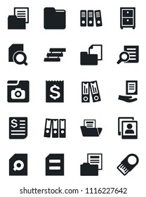 Set of vector isolated black icon - office binder vector, document search, receipt, folder, photo gallery, paper, tray, archive box, usb flash