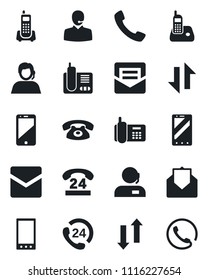 Set of vector isolated black icon - mobile phone vector, office, 24 hours, support, cell, radio, mail, call, data exchange