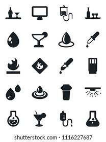 Set of vector isolated black icon - water drop vector, dropper, flammable, monitor, alcohol, drink, cocktail, filter, sprinkler, flask