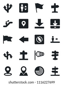 Set of vector isolated black icon - elevator vector, escalator, left arrow, wind, radar, route, signpost, pin, download, place tag, compass, flag, guidepost