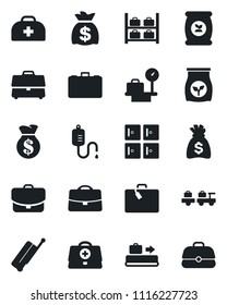 Set of vector isolated black icon - suitcase vector, baggage conveyor, larry, luggage storage, scales, checkroom, case, money bag, fertilizer, doctor, dropper