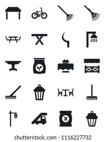 Set of vector isolated black icon - cafe vector, ladder car, rake, sickle, garden light, picnic table, fertilizer, bike, restaurant, alcove, outdoor lamp
