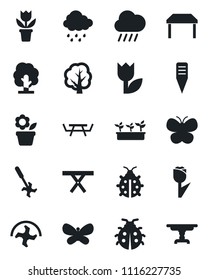 Set of vector isolated black icon - flower in pot vector, ripper, tree, butterfly, lady bug, seedling, rain, plant label, picnic table, tulip