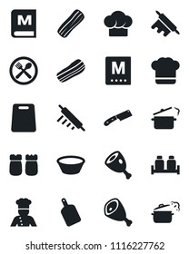 Set of vector isolated black icon - cook vector, cafe, hat, menu, bacon, salt and pepper, ham, bowl, rolling pin, cutting board, knife, steaming pan