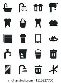Set of vector isolated black icon - trash bin vector, shower, bucket, tooth, mobile, blank box, water supply, bathroom, serviette, filter, windmill