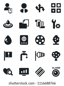 Set of vector isolated black icon - passport vector, wind, contract, statistic monitor, water drop, heart diagnostic, pills blister, patient, route, important flag, folder document, reel, root setup