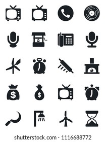 Set of vector isolated black icon - alarm clock vector, phone, tv, money bag, well, sickle, vinyl, microphone, office, fireplace, rolling pin, outdoor lamp, windmill, sand