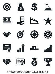 Set of vector isolated black icon - growth statistic vector, dollar sign, money bag, document, cash, target, handshake, police, motivation, crisis, certificate, pedestal, award cup