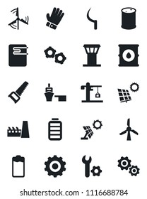 Set of vector isolated black icon - airport tower vector, gear, glove, saw, sickle, sea port, oil barrel, battery, root setup, sun panel, windmill, crane, factory, water heater