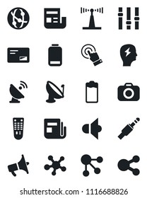 Set of vector isolated black icon - brainstorm vector, satellite antenna, camera, news, speaker, loudspeaker, settings, remote control, network, touch screen, share, battery, low, mail, social media