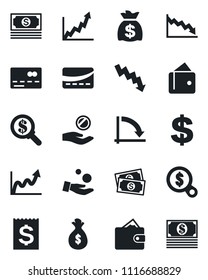 Set of vector isolated black icon - credit card vector, dollar sign, money bag, crisis graph, cash, receipt, wallet, growth, search, investment