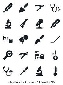 Set of vector isolated black icon - trowel vector, pruner, saw, stethoscope, blood pressure, thermometer, heart diagnostic, microscope, scalpel, microphone