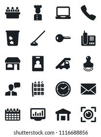 Set of vector isolated black icon - trash bin vector, shop, ladder car, seat map, mail, meeting, calendar, hoe, warehouse, speaker, laptop pc, radio phone, call, clock, monitor statistics, stamp