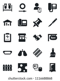 Set of vector isolated black icon - handshake vector, drawing pin, well, blood pressure, test vial, pills blister, scalpel, lungs, pulse clipboard, patient, themes, brightness, warehouse, fence