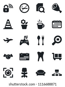 Set of vector isolated black icon - spoon and fork vector, no smoking, waiting area, border cone, handshake, office chair, flower in pot, tooth, plane, cargo, search, gamepad, calendar, coffee, ham