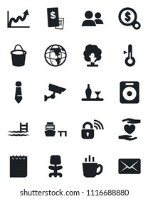 Set of vector isolated black icon - office chair vector, notepad, tie, tree, bucket, heart hand, sea port, speaker, group, pool, alcohol, coffee, restaurant receipt, wireless lock, thermometer, mail