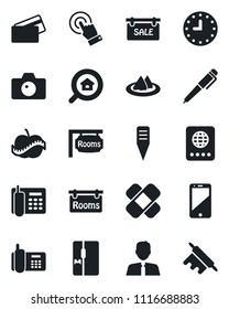 Set of vector isolated black icon - passport vector, camera, plant label, patch, diet, office phone, clock, cell, touch screen, pen, sale, rooms, estate search, agent, fridge, serviette, credit card