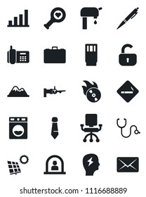 Set of vector isolated black icon - smoking place vector, reception, boarding, case, tie, brainstorm, stethoscope, heart diagnostic, office phone, flame disk, bar graph, pen, sun panel, water supply