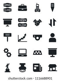 Set of vector isolated black icon - taxi vector, case, pedestal, presentation board, plant label, office phone, news, laptop pc, user, data exchange, handshake, stamp, open close, web camera, gear