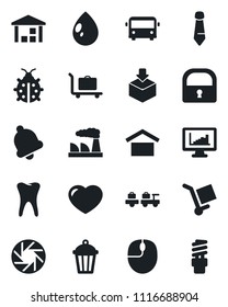 Set of vector isolated black icon - baggage trolley vector, airport bus, larry, mouse, tie, factory, lady bug, water drop, garden light, tooth, cargo, warehouse storage, package, heart, bell, lock