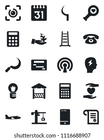 Set of vector isolated black icon - plane vector, brainstorm, bulb, ladder, sickle, heart diagnostic, hand, cell phone, calendar, eye id, calculator, crane, alcove, wireless, palm sproute, schedule