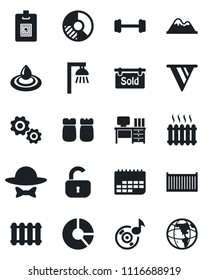 Set of vector isolated black icon - desk vector, circle chart, barbell, cargo container, term, music, identity card, mountains, sold signboard, lock, heater, salt and pepper, dress code, water, gear